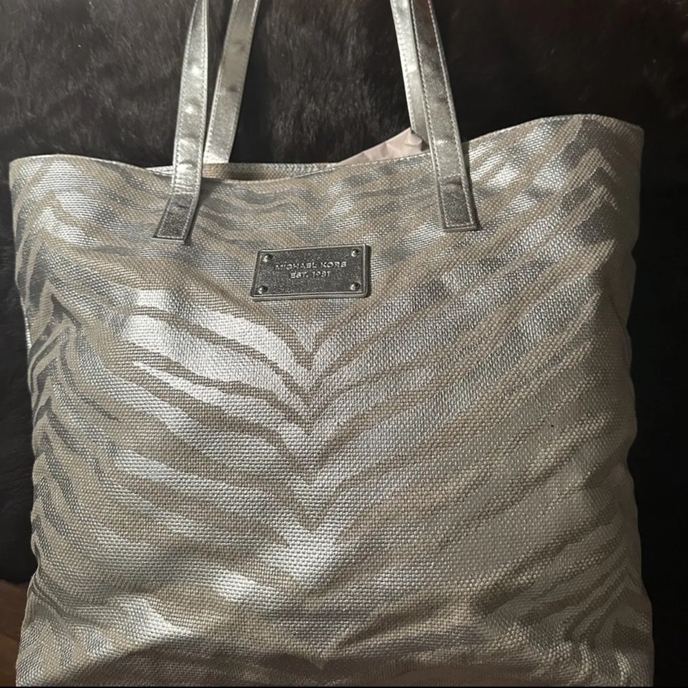 Michael Kors Silver Zebra Print Canvas Tote